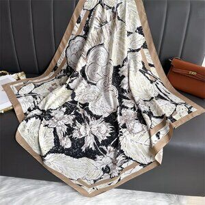2/$30 NEW Beige White Black Floral Flower Printed Silky Fashion Scarf